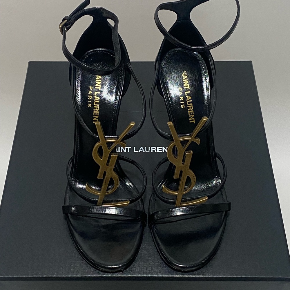Saint Laurent Cassandra YSL Medallion Stiletto Sandals. Size 37 (7 US WOMEN)